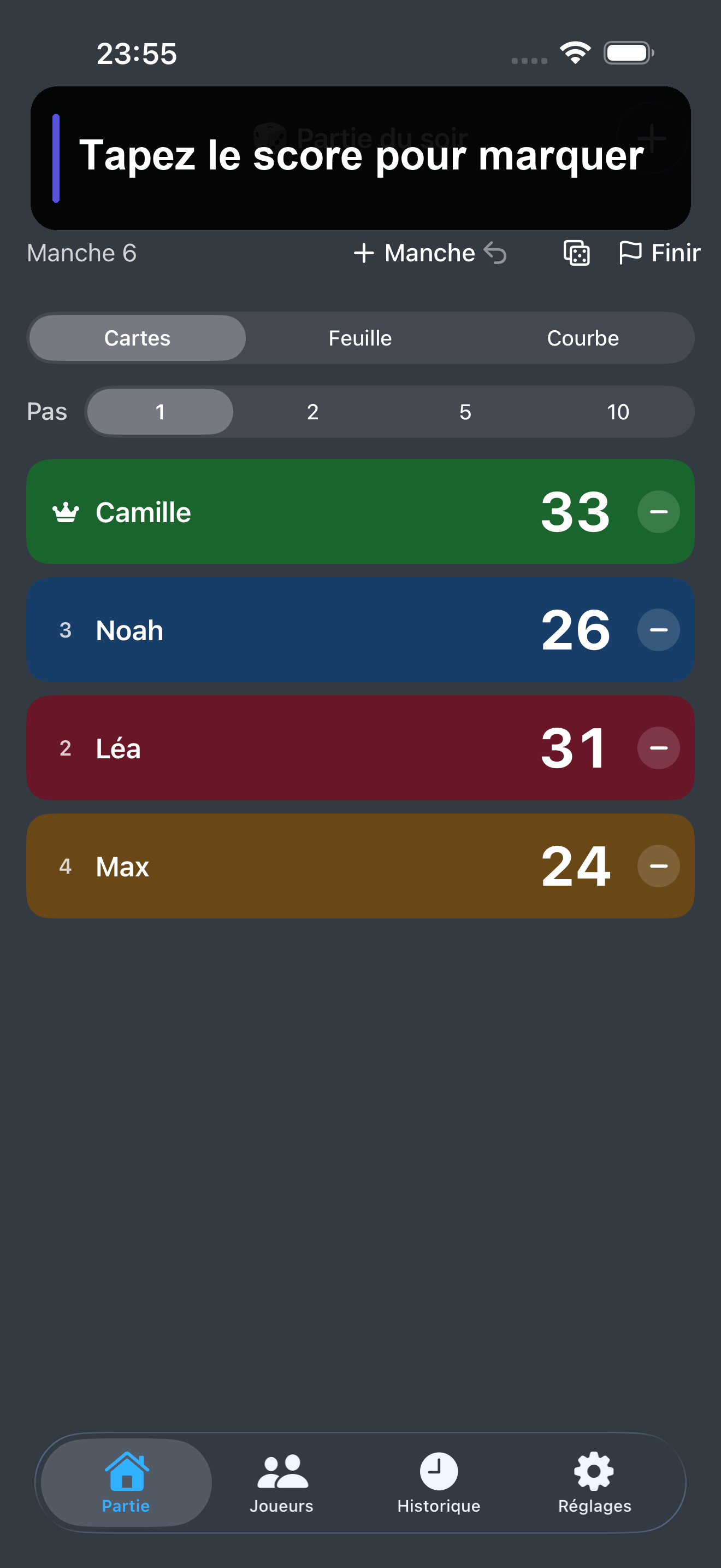 Capture de ScorePoint avec le message Tapez le score pour marquer au-dessus de la feuille de score